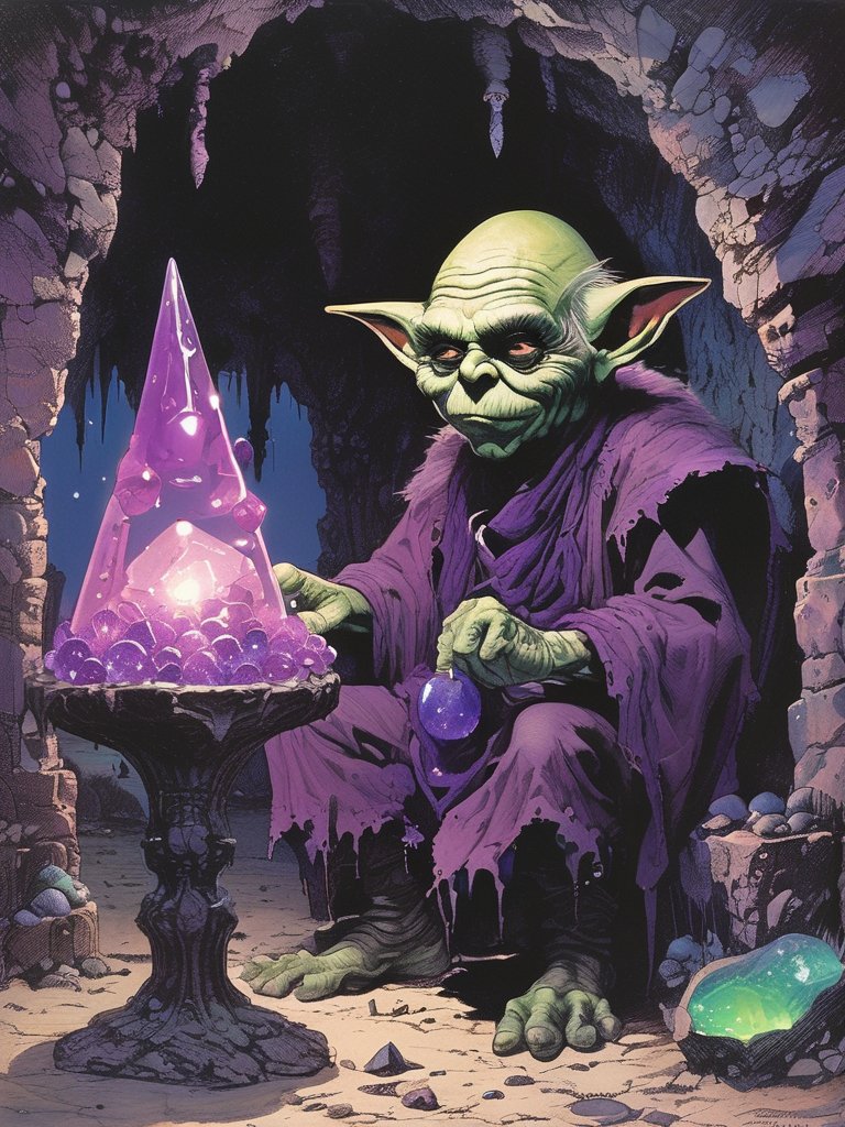 00133-3479158084-style of William Stout, evil goblin, in a cave with luminescent purple crystals, a bag of crystals behind his back, dim light, l.jpg